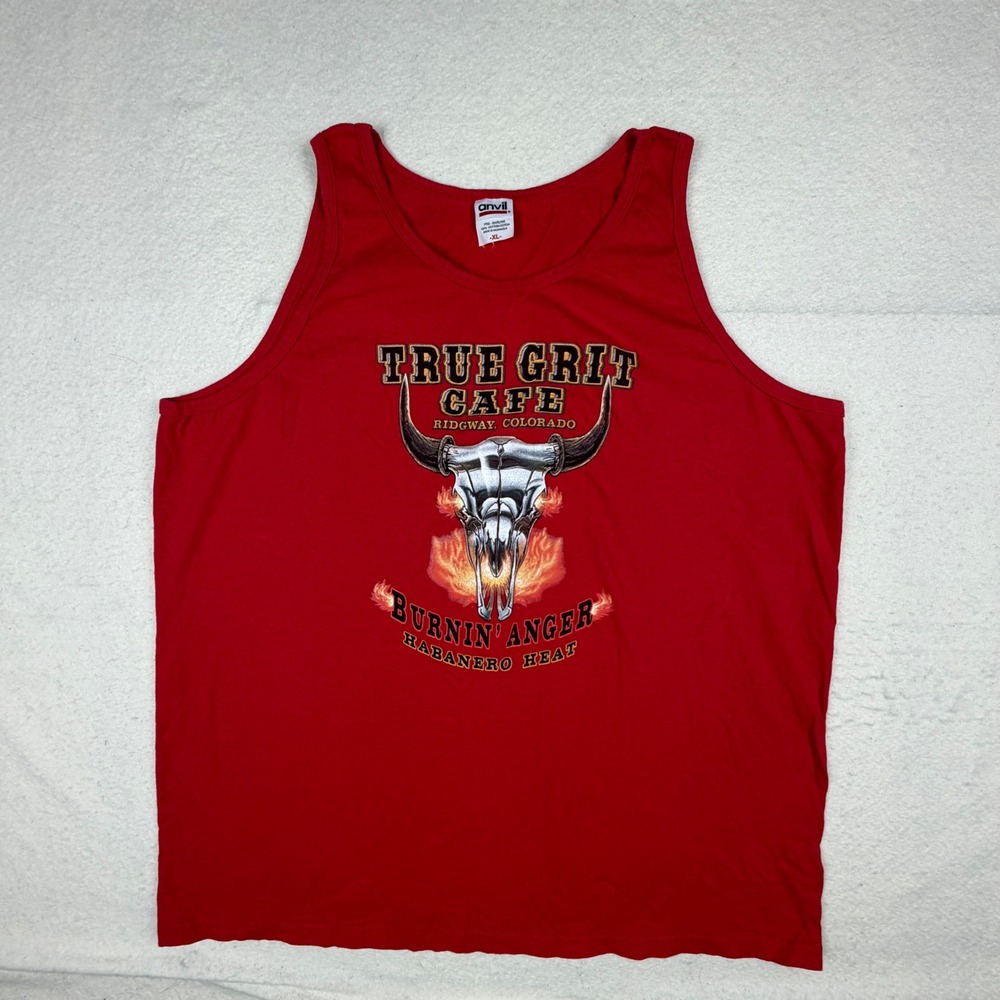 Anvil True Grit Cafe Ridgway Colorado Graphic Tank Top Red XL Cow Skull Flame